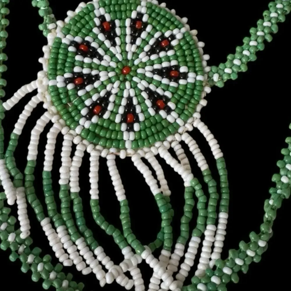 Vintage Native Tribal Seed Bead Necklace White Green Tassel Cool w Leather Back